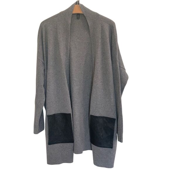 Eileen Fisher Cashmere Wool Shawl Collared Cardigan w/Leather Pockets Medium - Picture 4 of 4